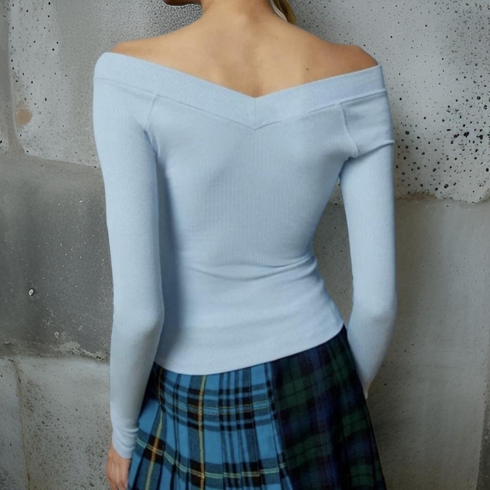 BDG Shannen Ribbed V Neck Top Blue Long Sleeve Off Shoulder Cropped M - Picture 5 of 9
